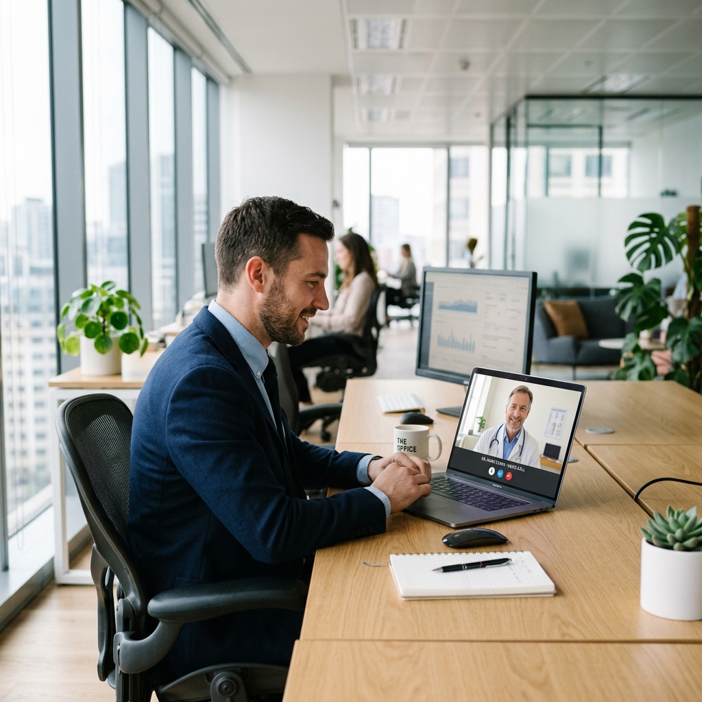 Man consulting doctor online in office